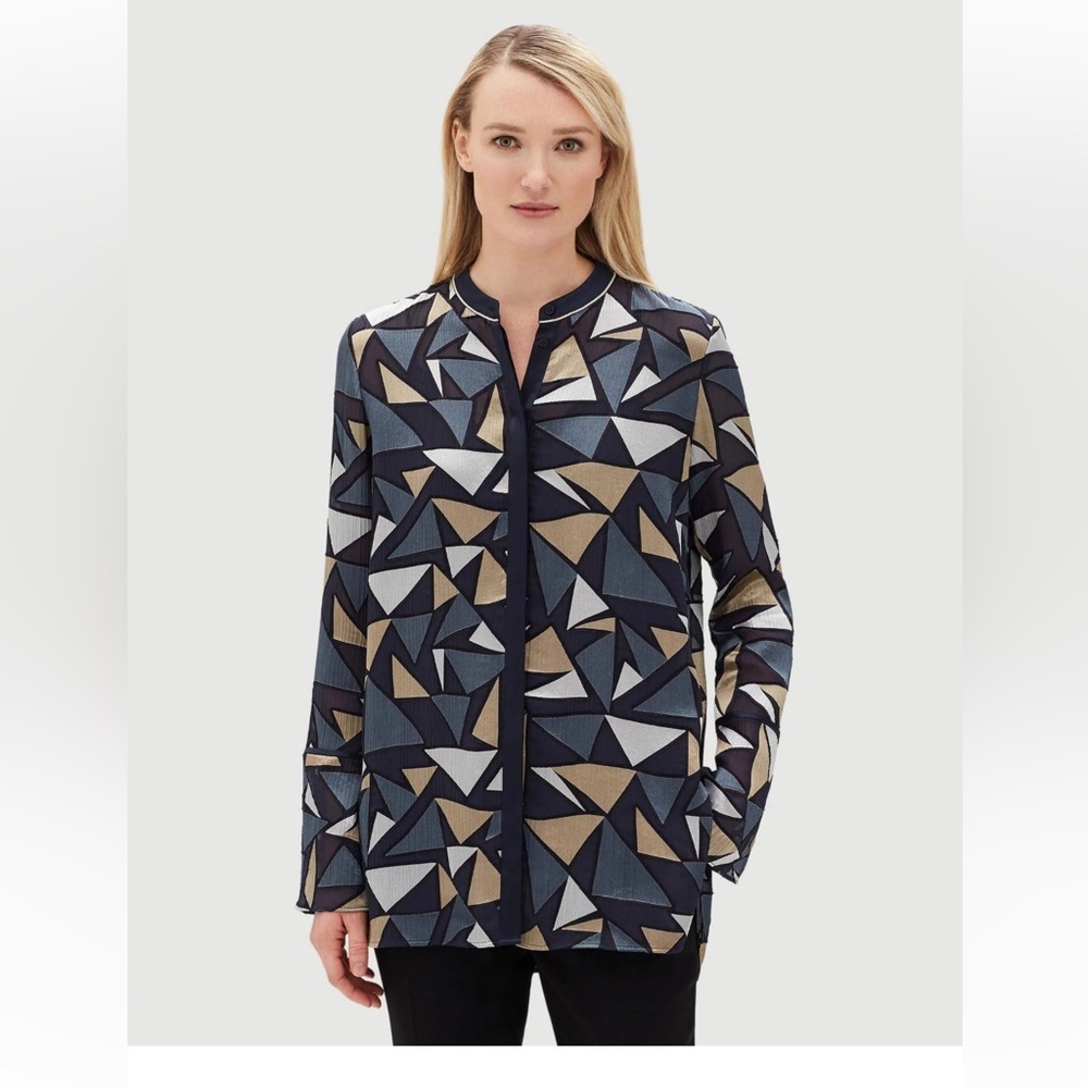 Lafayette 148 New York Blue and Gold Blouse Geometric Patterned L